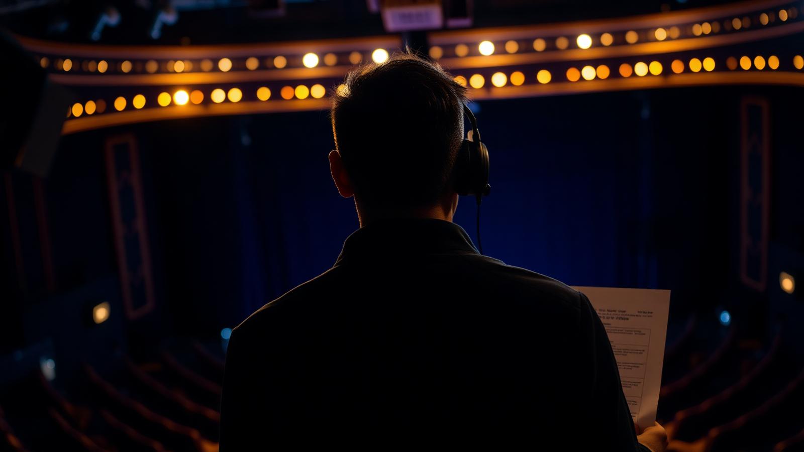 Stage manager backstage with a headset and cue sheet