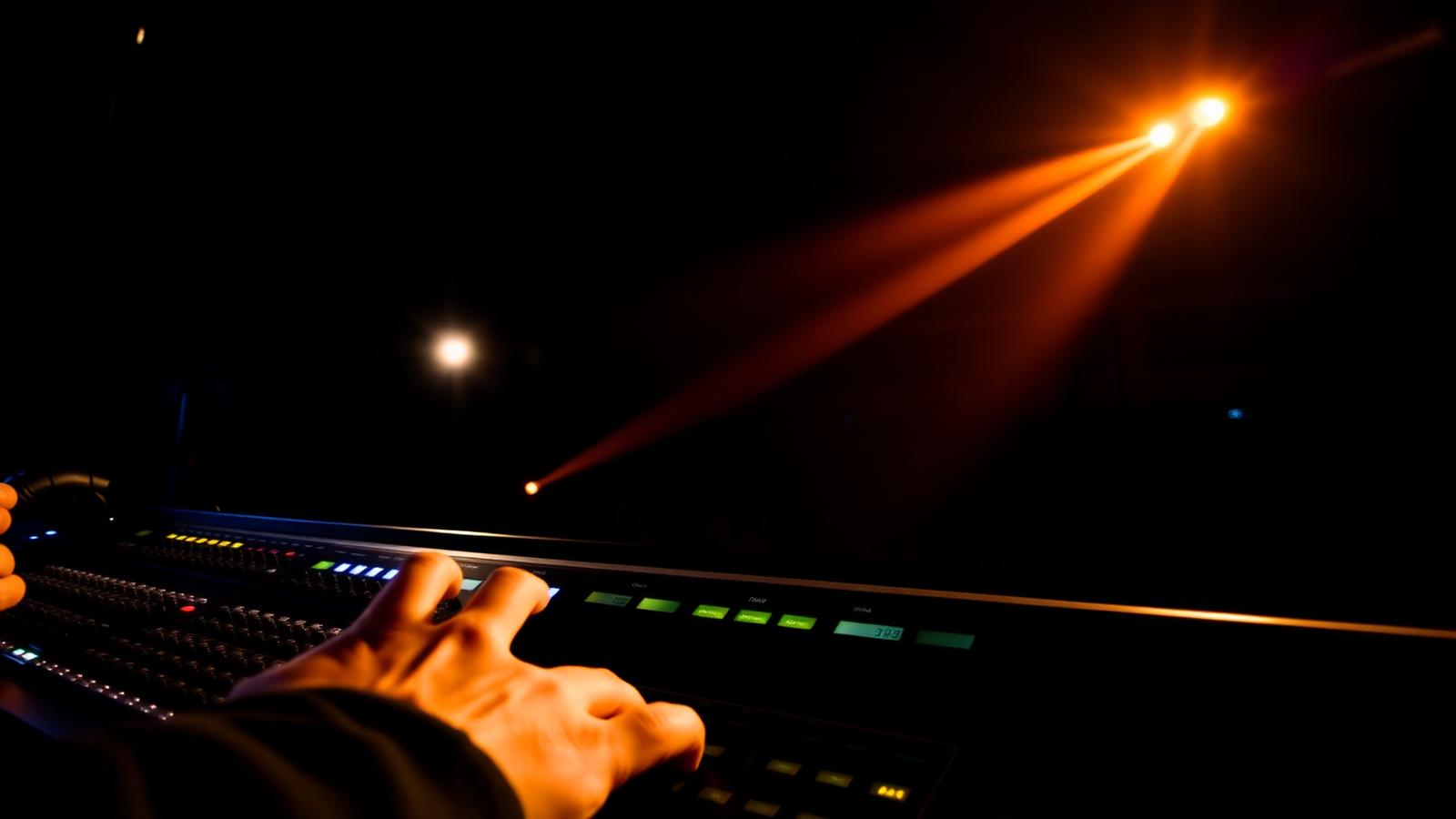Theatrical lighting console in a darkened theater under stage beams